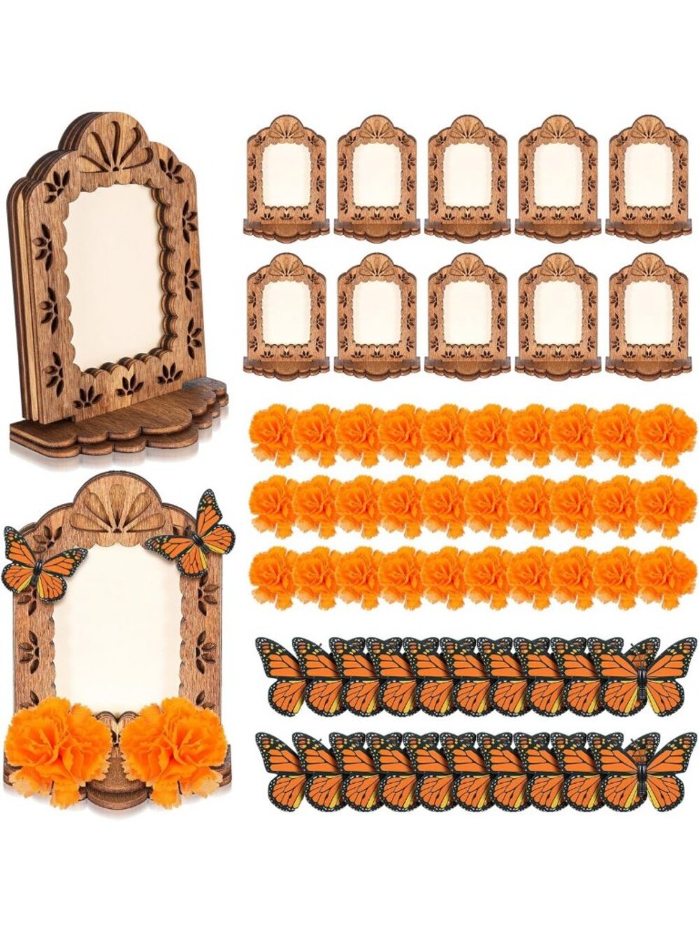 60 Pcs Day of the Dead Decorations Kit - Marigold Flowers, Photo Frames